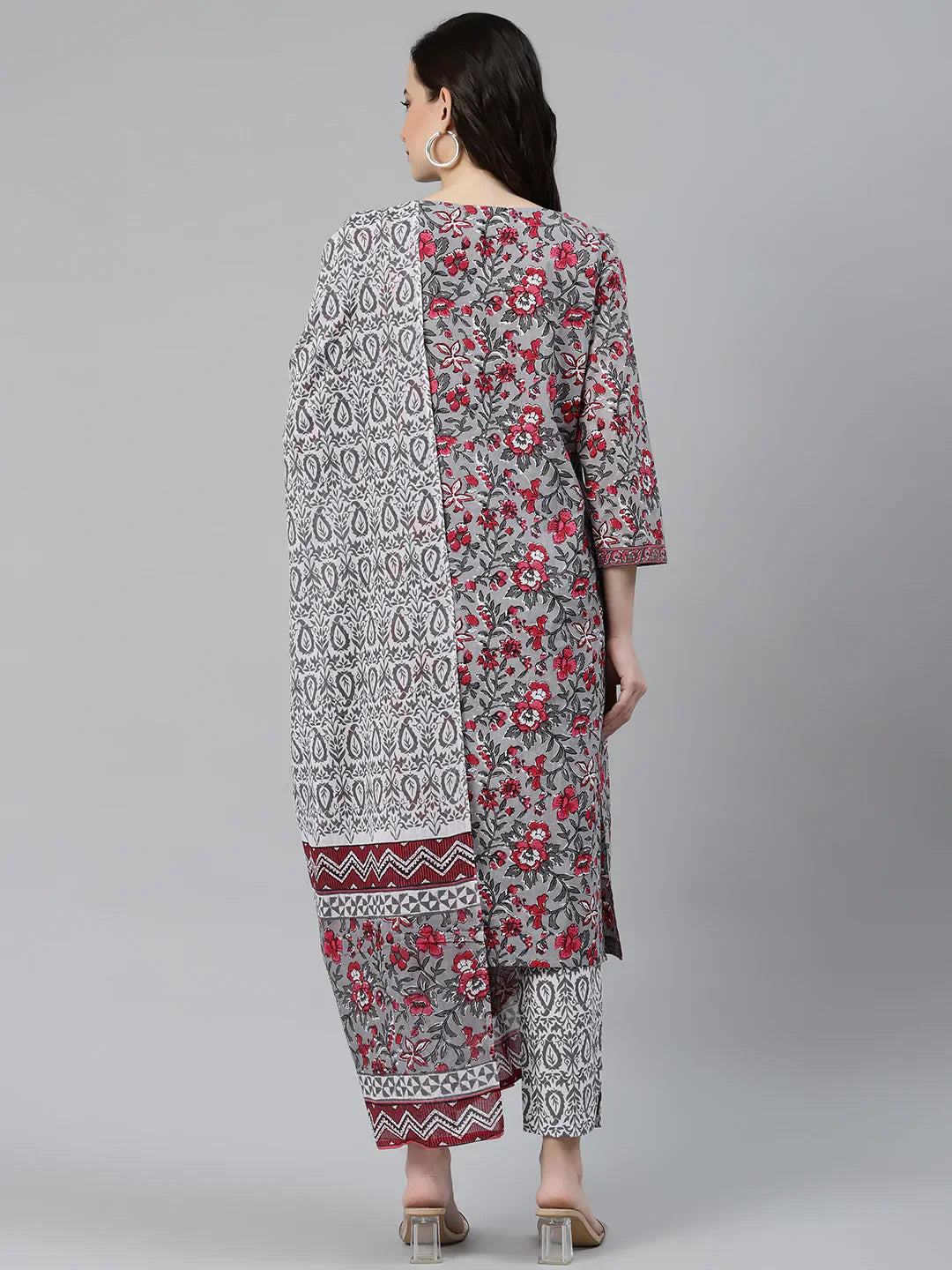 Jompers Women's Grey & Magenta Block Print Pure Cotton Kurta with Trousers & Dupatta