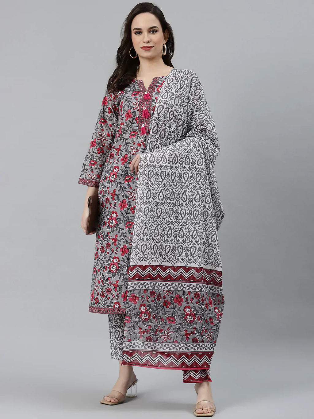 Jompers Women's Grey & Magenta Block Print Pure Cotton Kurta with Trousers & Dupatta