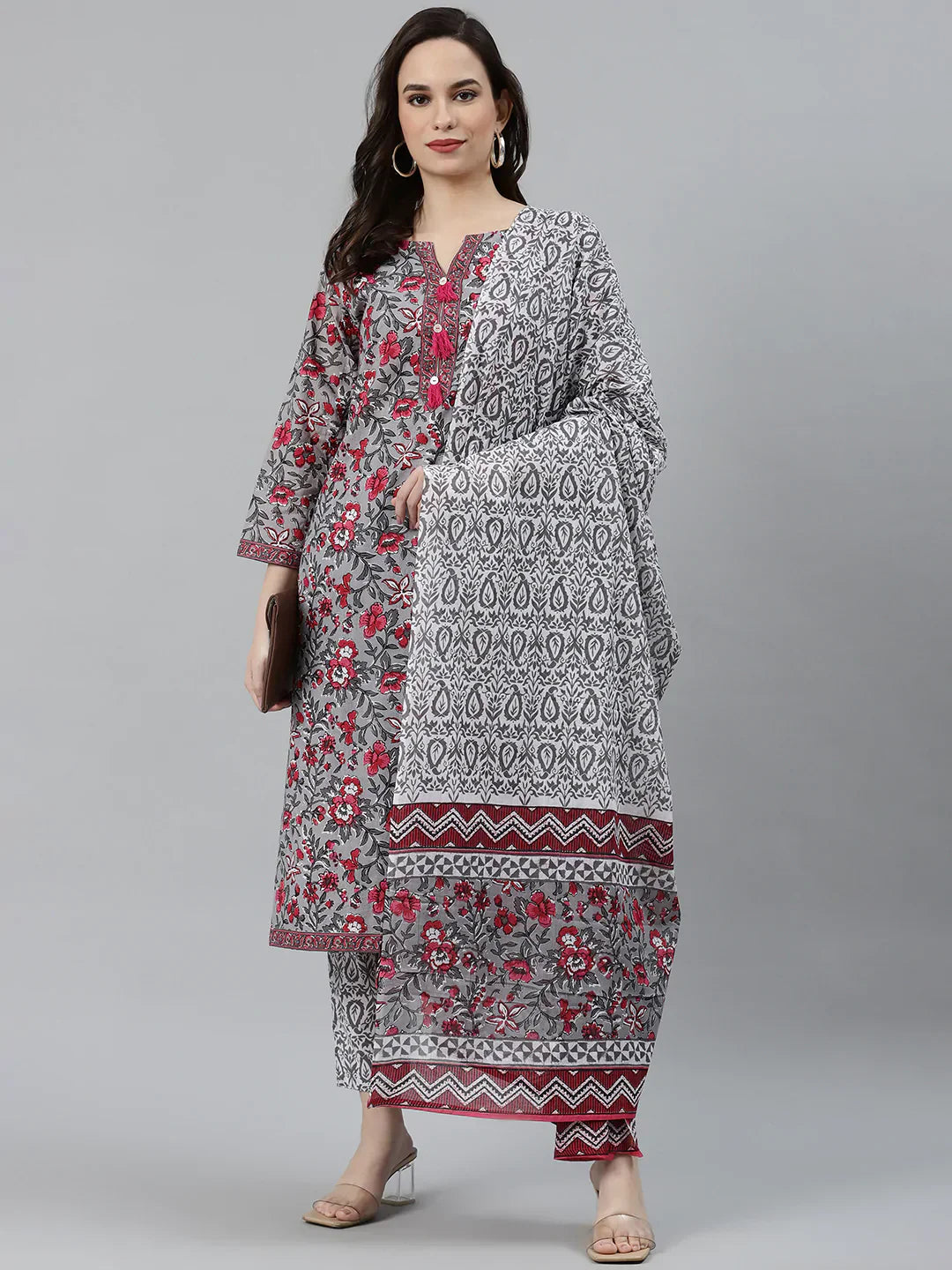 Jompers Women's Grey & Magenta Block Print Pure Cotton Kurta with Trousers & Dupatta