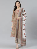 Jompers Women's Beige & Pink Block Print Pure Cotton Kurta with Trousers & Dupatta