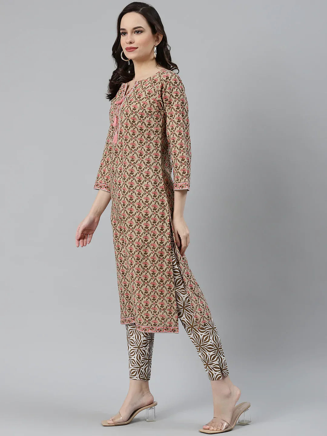 Jompers Women's Beige & Pink Block Print Pure Cotton Kurta with Trousers & Dupatta