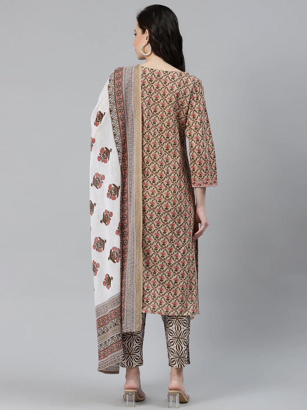 Jompers Women's Beige & Pink Block Print Pure Cotton Kurta with Trousers & Dupatta