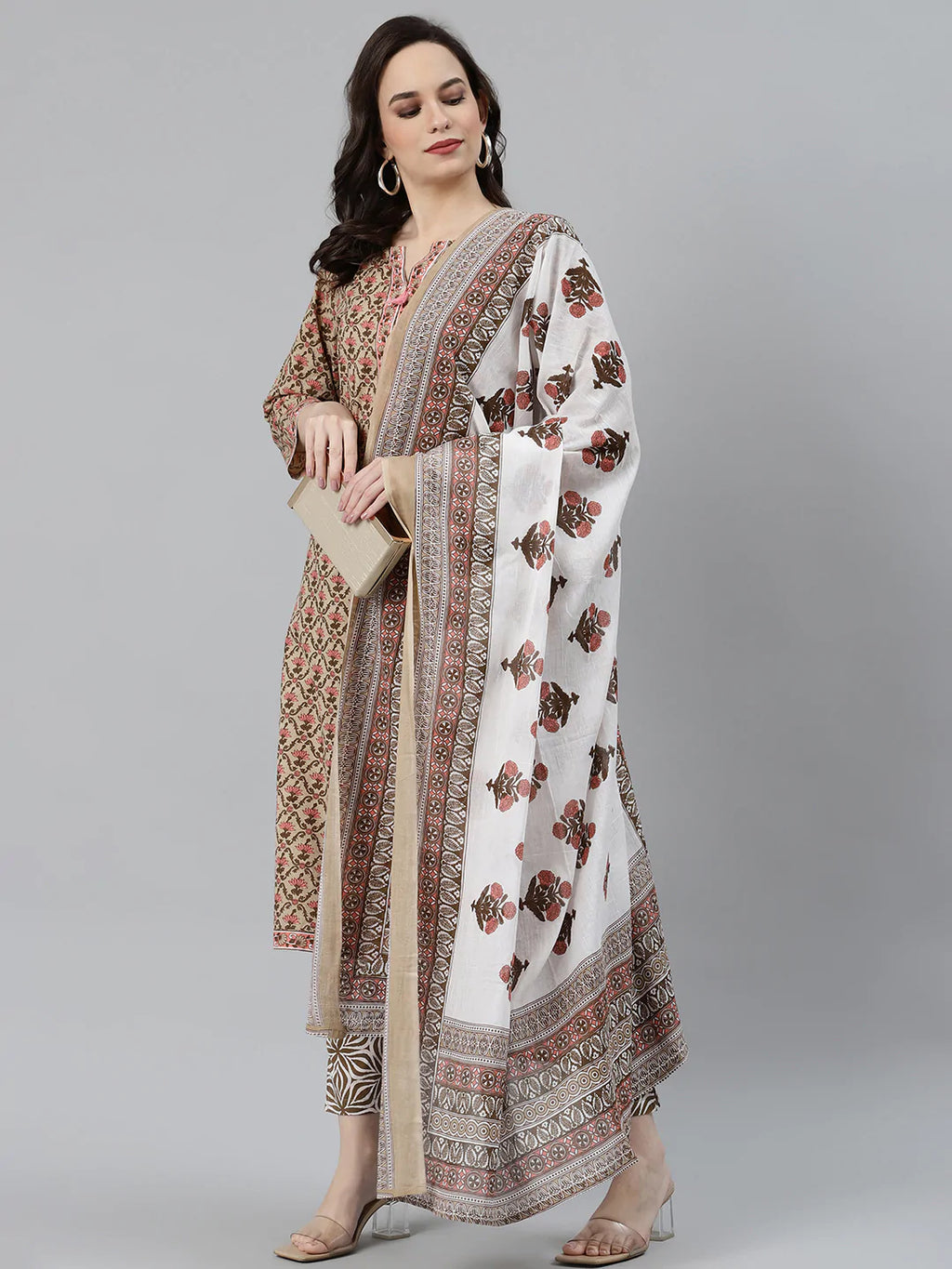 Jompers Women's Beige & Pink Block Print Pure Cotton Kurta with Trousers & Dupatta
