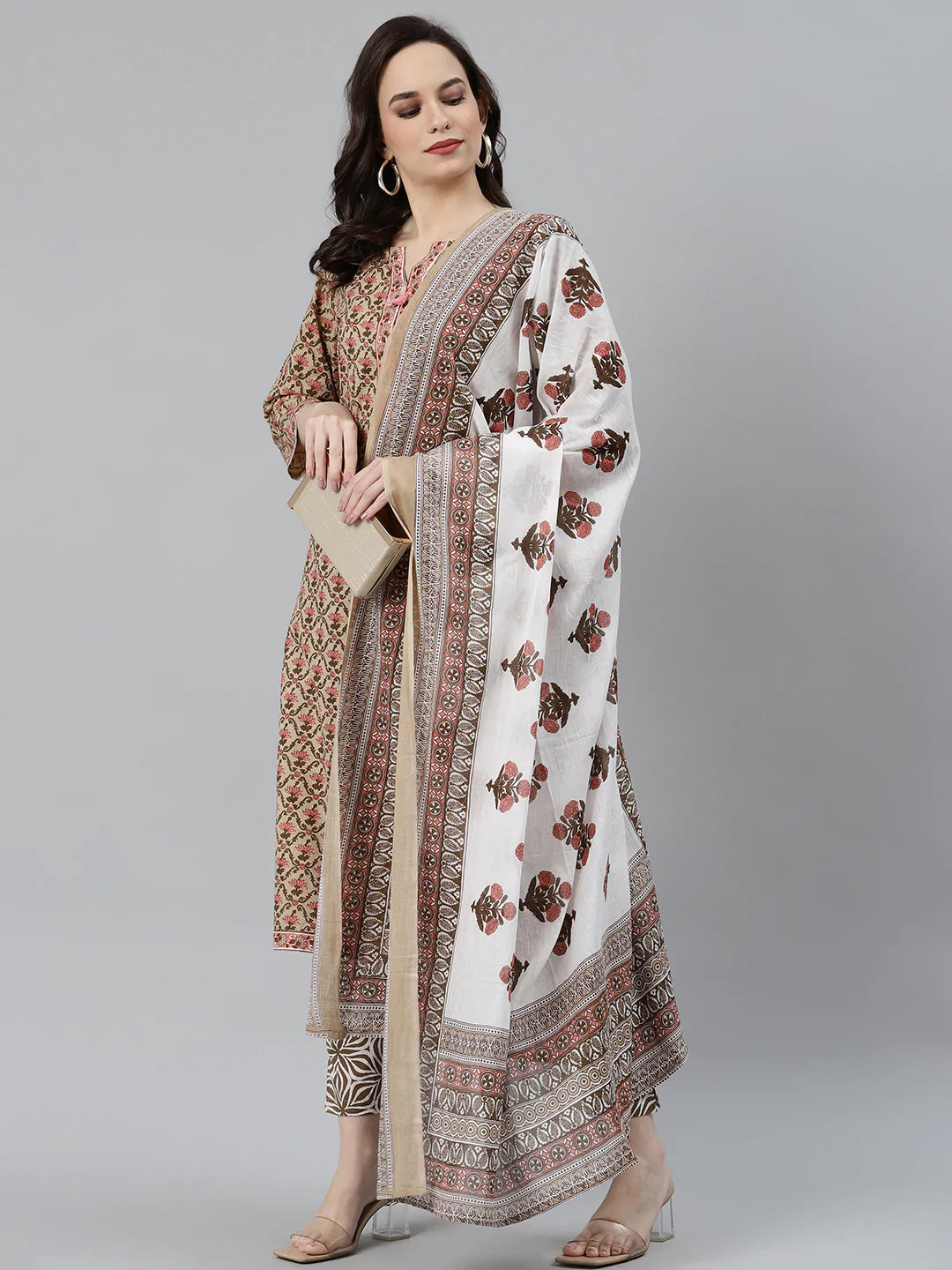 Jompers Women's Beige & Pink Block Print Pure Cotton Kurta with Trousers & Dupatta