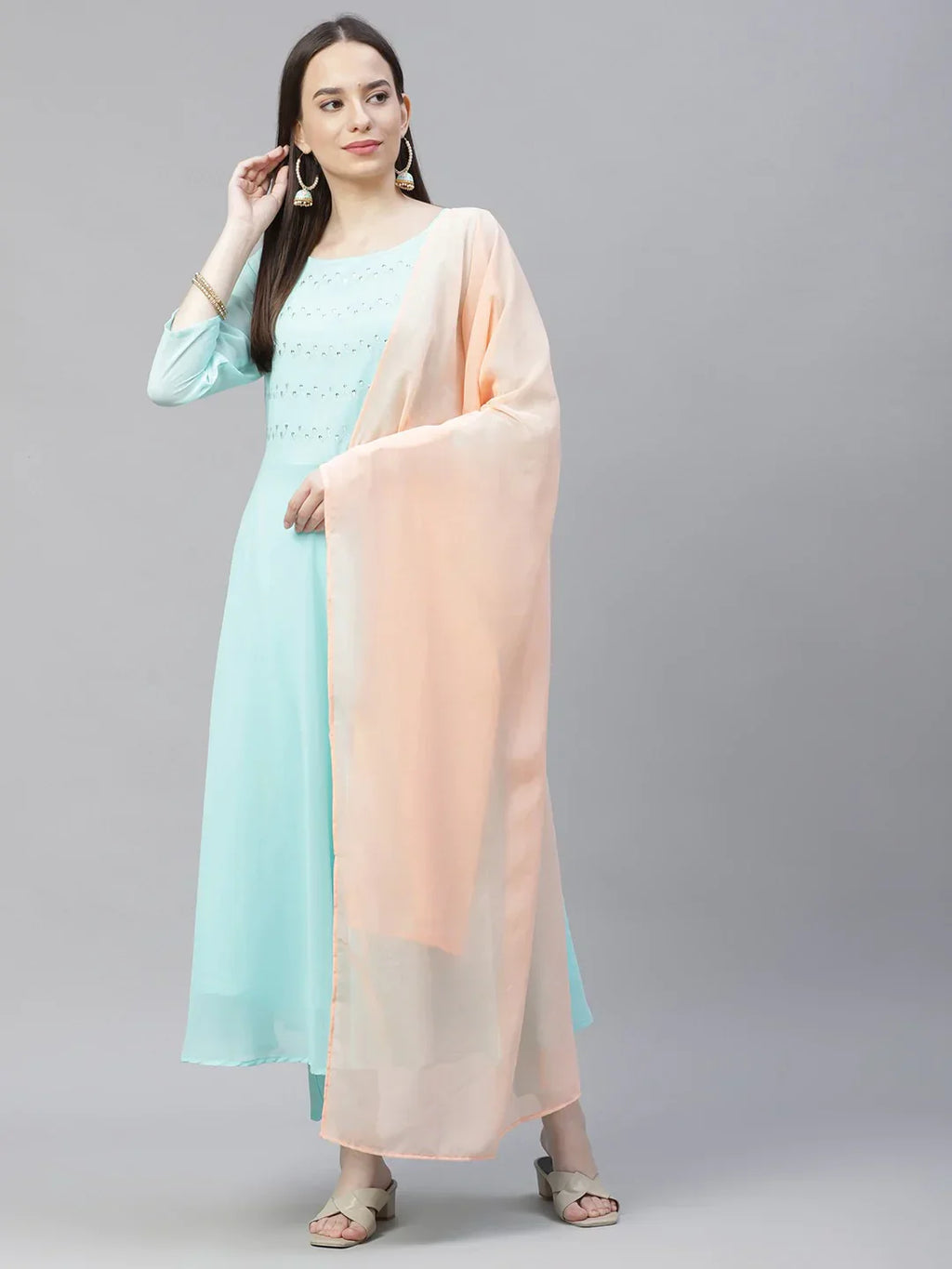 Jompers Women's Turquoise Blue Embroidered Regular Sequinned Kurta with Trousers & Dupatta
