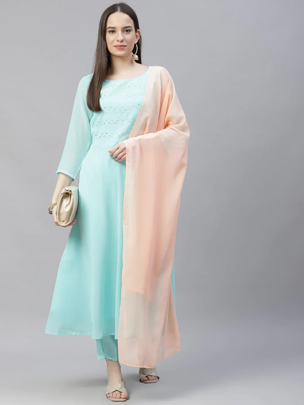 Jompers Women's Turquoise Blue Embroidered Regular Sequinned Kurta with Trousers & Dupatta