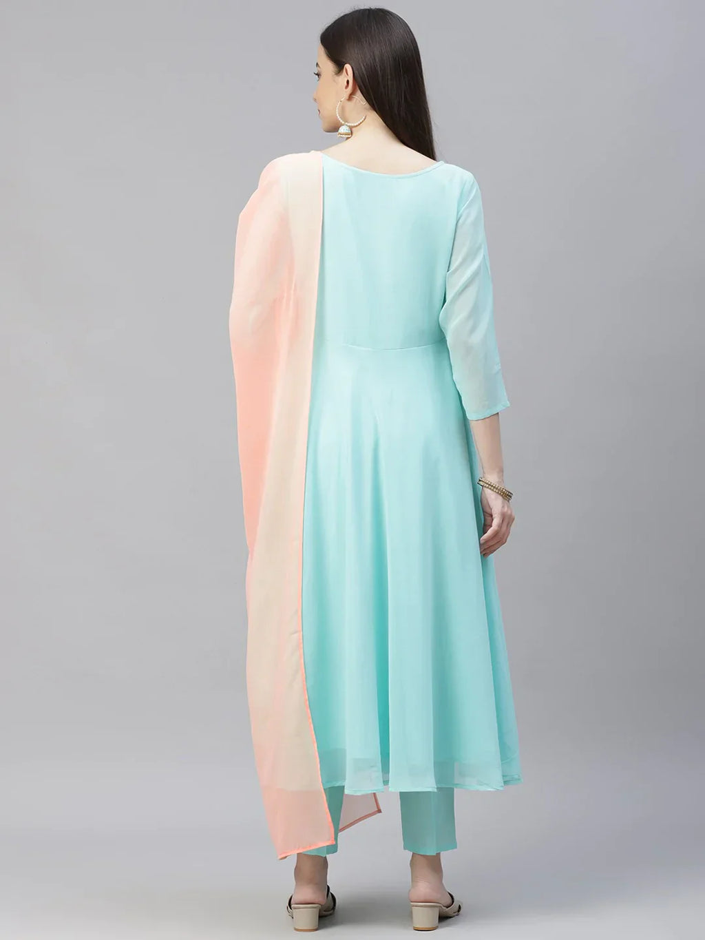 Jompers Women's Turquoise Blue Embroidered Regular Sequinned Kurta with Trousers & Dupatta