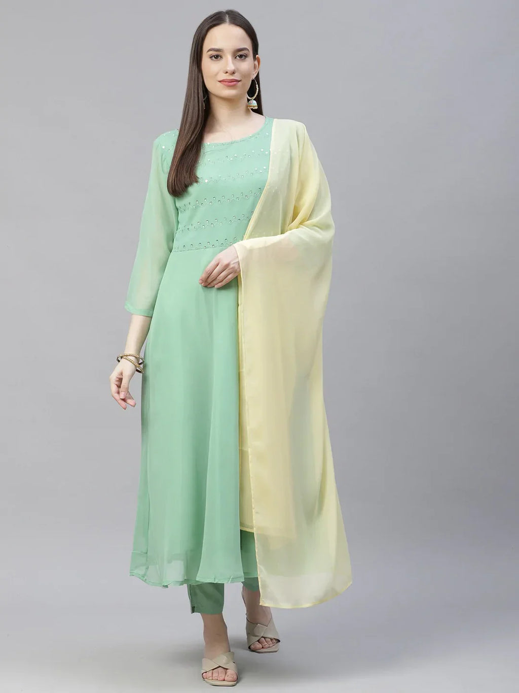Jompers Women's Sea Green Embroidered Regular Sequinned Kurta with Trousers & Dupatta