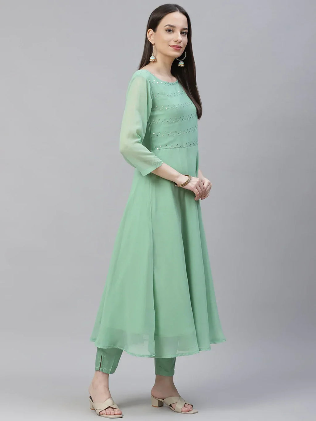 Jompers Women's Sea Green Embroidered Regular Sequinned Kurta with Trousers & Dupatta