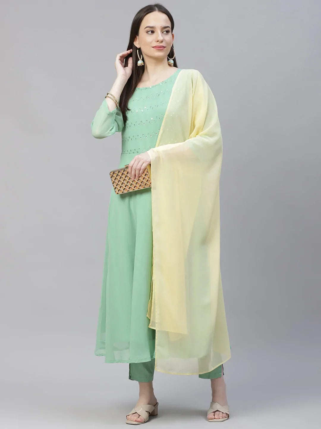 Jompers Women's Sea Green Embroidered Regular Sequinned Kurta with Trousers & Dupatta