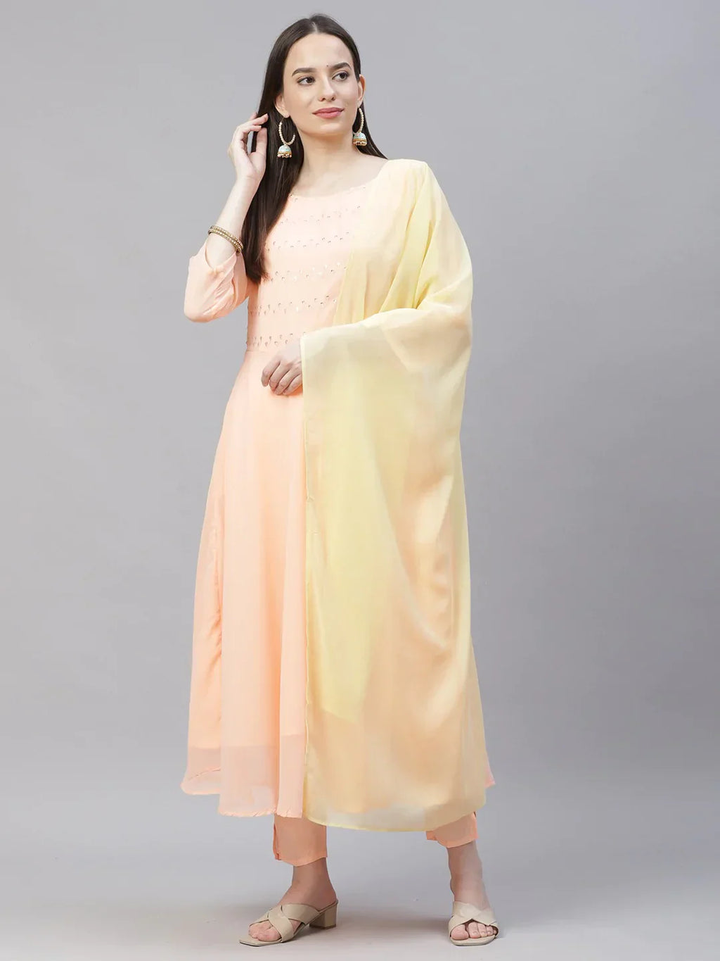 Jompers Women's Peach Embroidered Regular Sequinned Kurta with Trousers & Dupatta