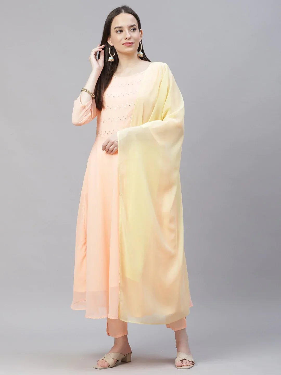 Jompers Women's Peach Embroidered Regular Sequinned Kurta with Trousers & Dupatta