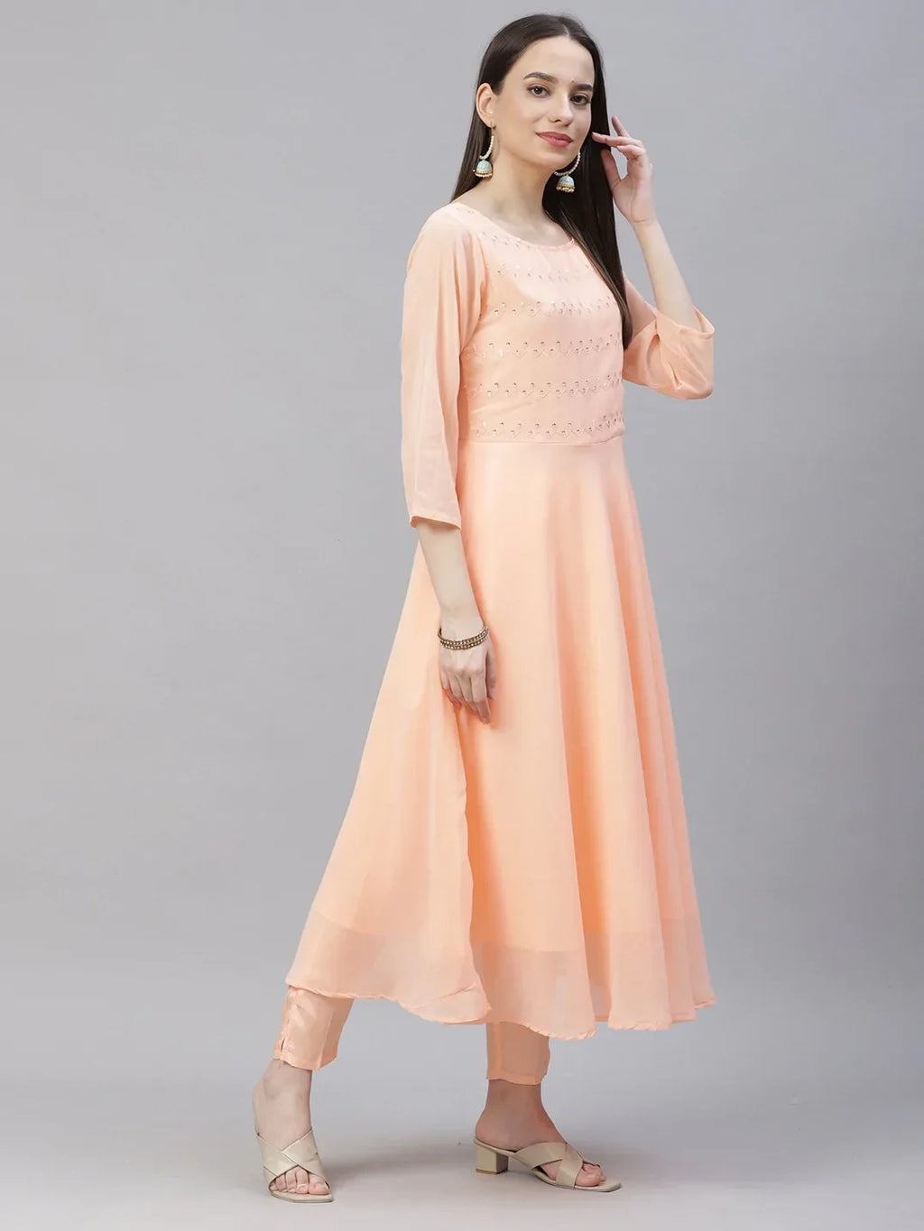 Jompers Women's Peach Embroidered Regular Sequinned Kurta with Trousers & Dupatta