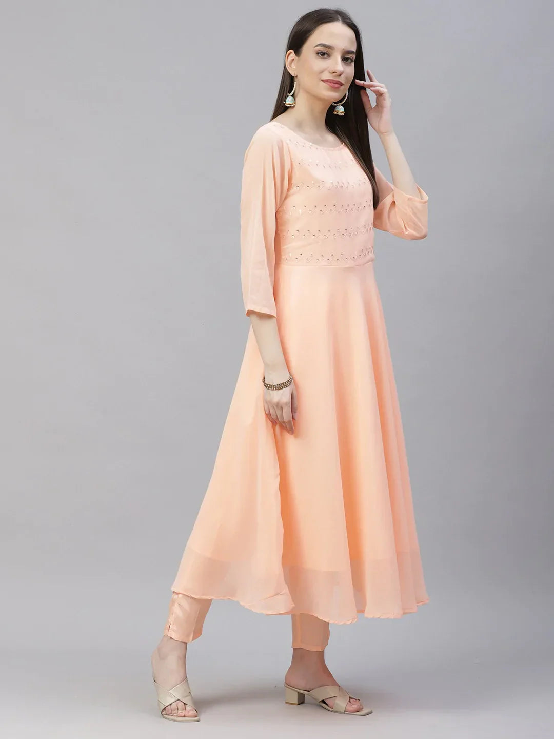 Jompers Women's Peach Embroidered Regular Sequinned Kurta with Trousers & Dupatta