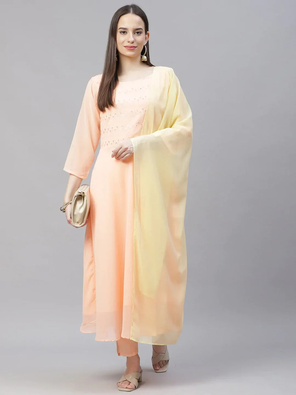 Jompers Women's Peach Embroidered Regular Sequinned Kurta with Trousers & Dupatta