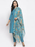 Jompers Women Blue & Green Self-Striped Kurta with Trousers & Printed Dupatta