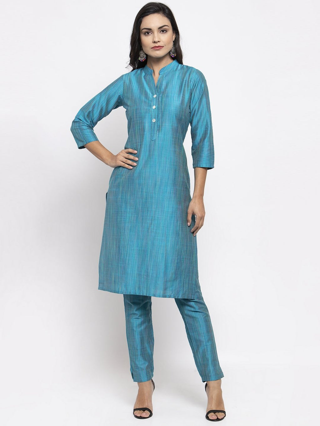 Jompers Women Blue & Green Self-Striped Kurta with Trousers & Printed Dupatta