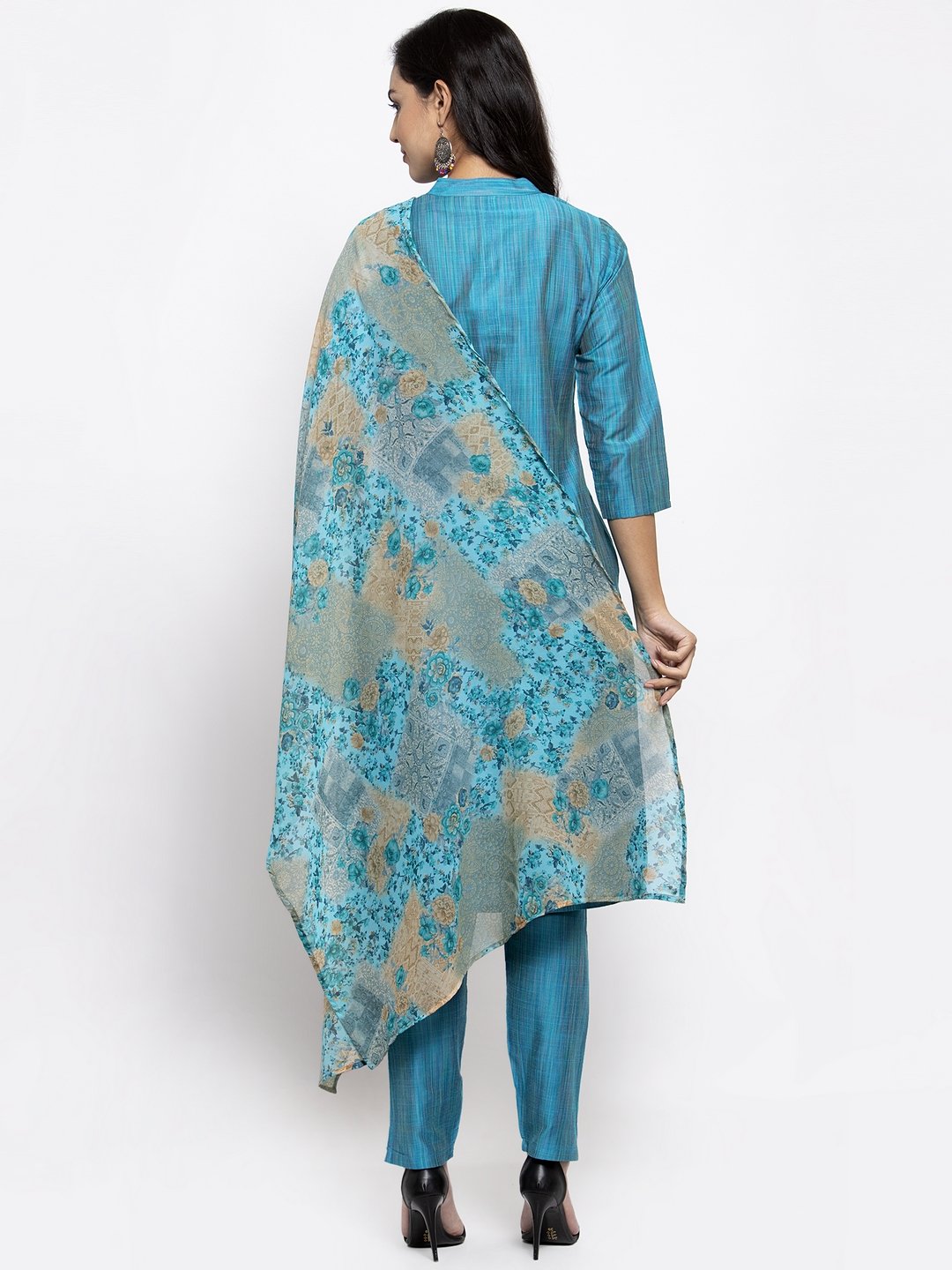 Jompers Women Blue & Green Self-Striped Kurta with Trousers & Printed Dupatta