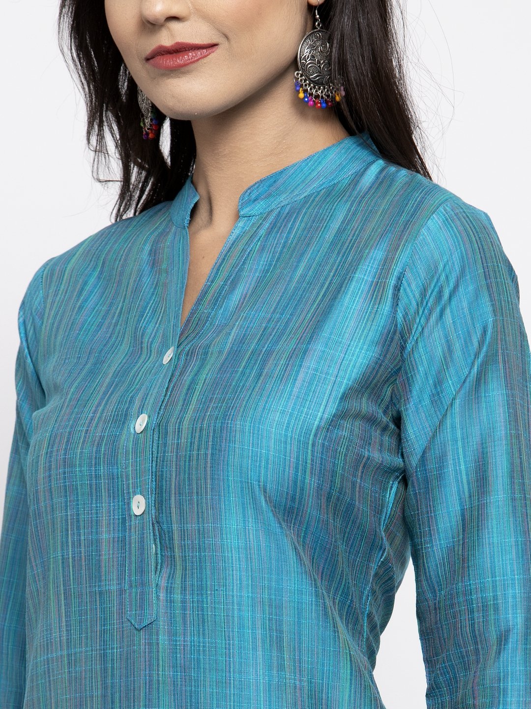Jompers Women Blue & Green Self-Striped Kurta with Trousers & Printed Dupatta