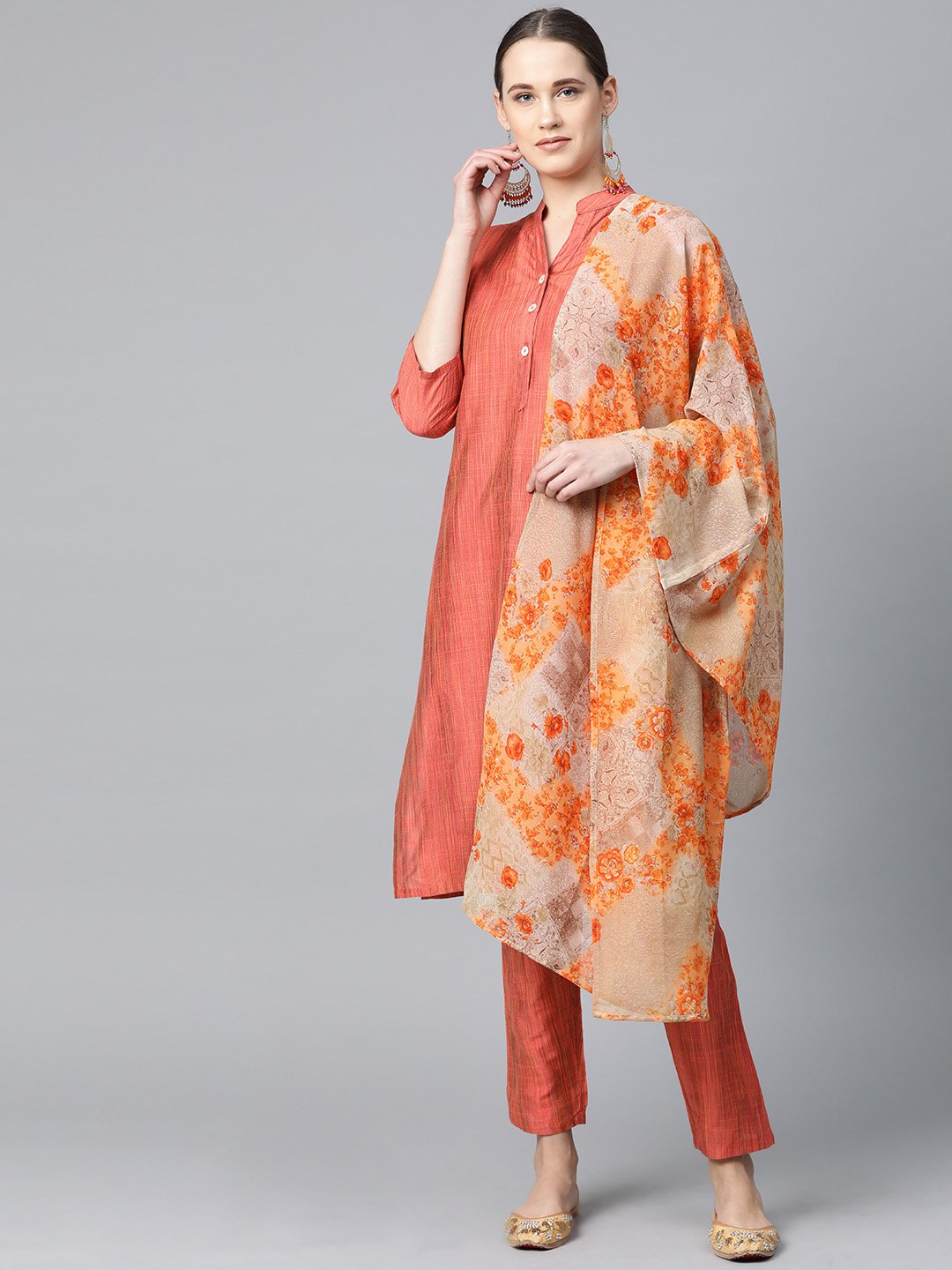 Jompers Women Rust Orange & Beige Self-Striped Kurta with Trousers & Dupatta
