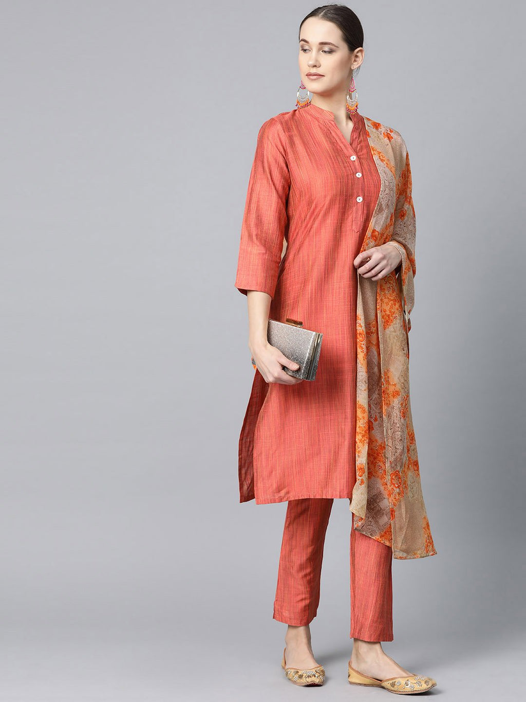 Jompers Women Rust Orange & Beige Self-Striped Kurta with Trousers & Dupatta