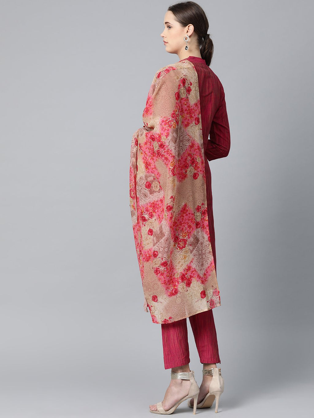 Jompers Women Pink & Beige Self-Striped Kurta with Trousers & Dupatta