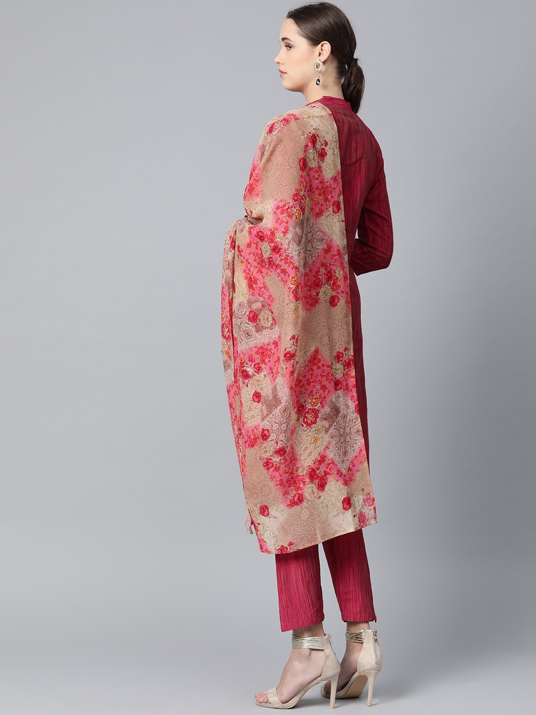 Jompers Women Pink & Beige Self-Striped Kurta with Trousers & Dupatta