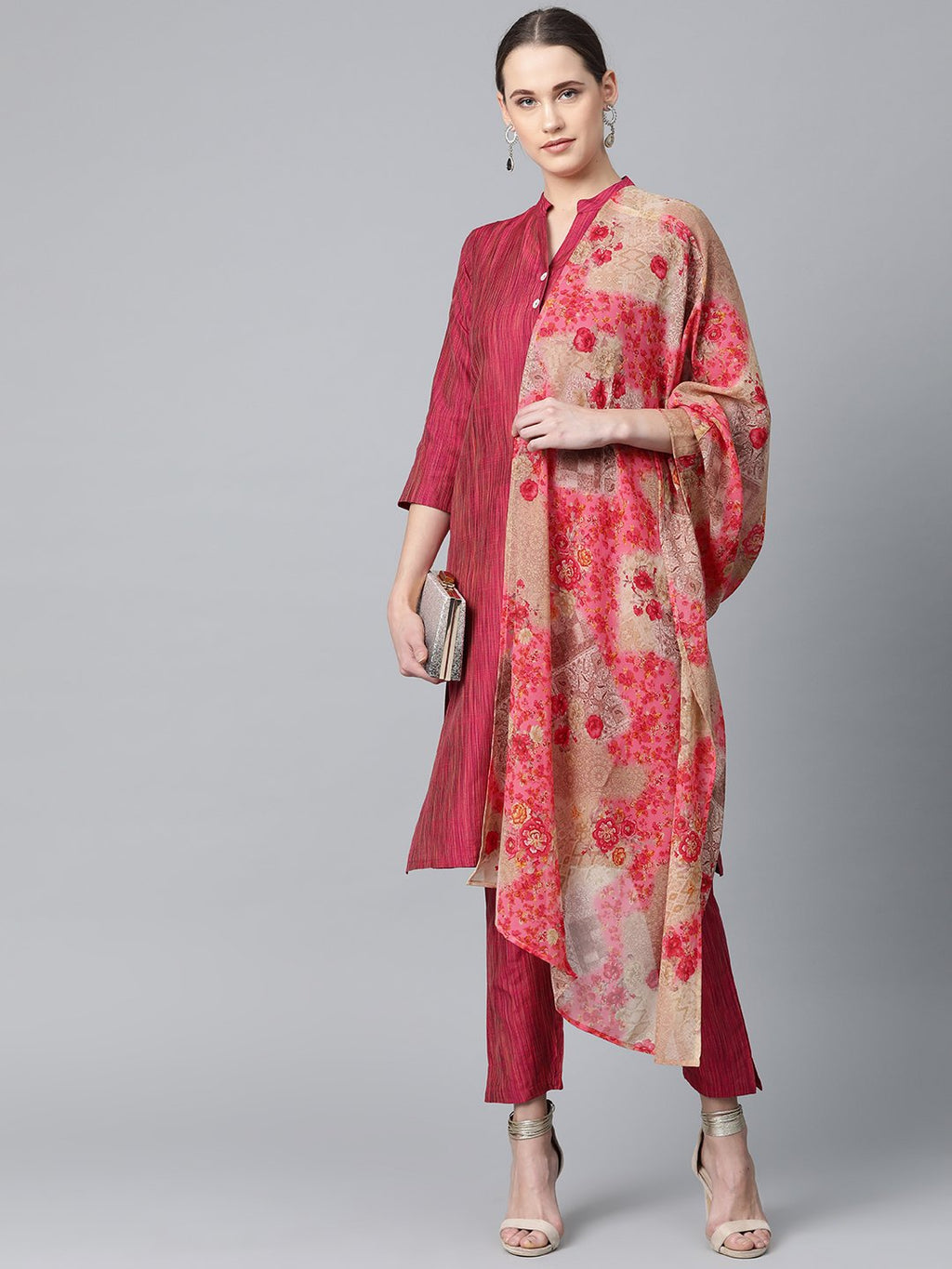 Jompers Women Pink & Beige Self-Striped Kurta with Trousers & Dupatta