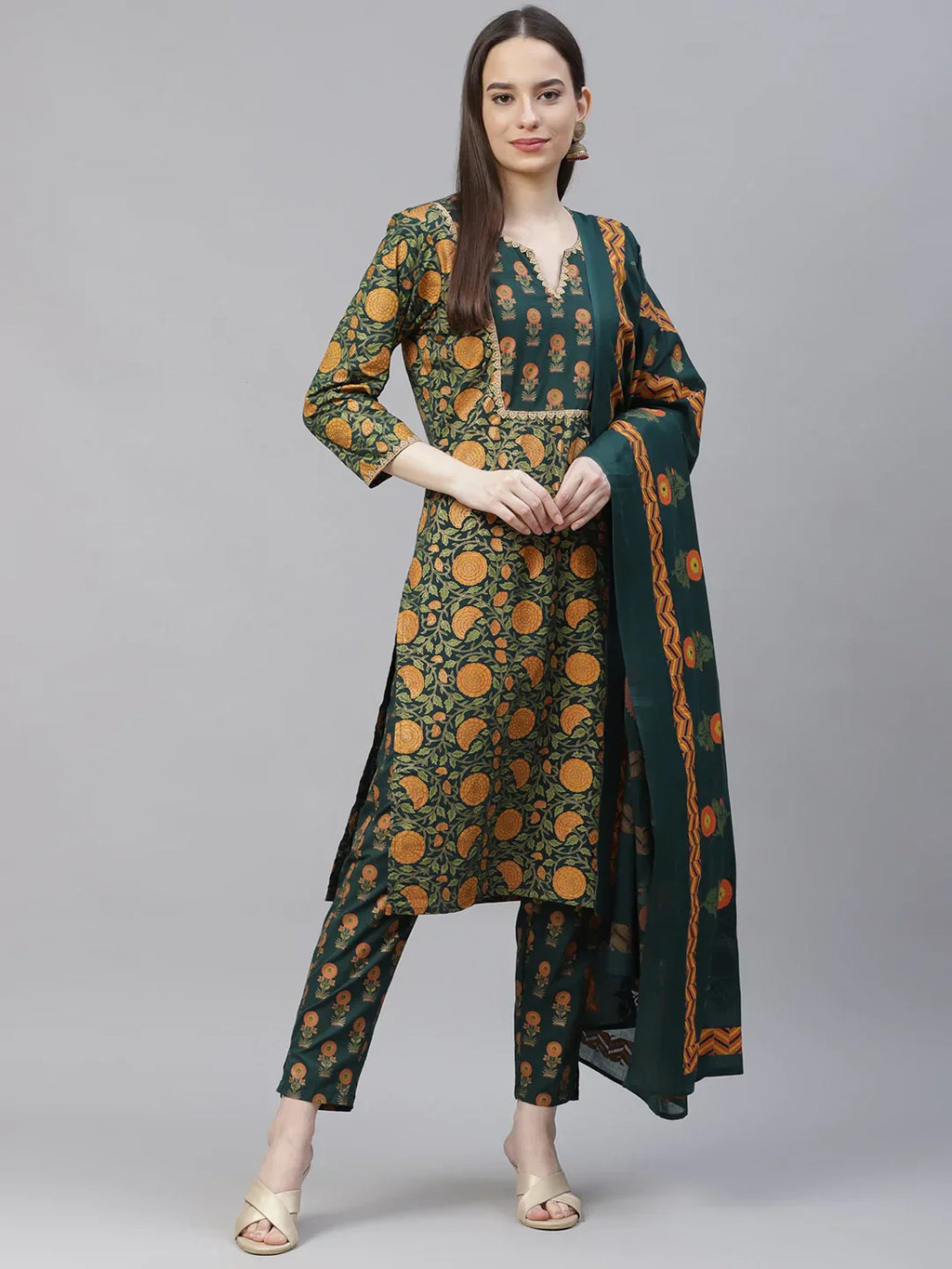 Jompers Women's Green Ethnic Motifs Printed Pure Cotton Kurta with Trousers & Dupatta