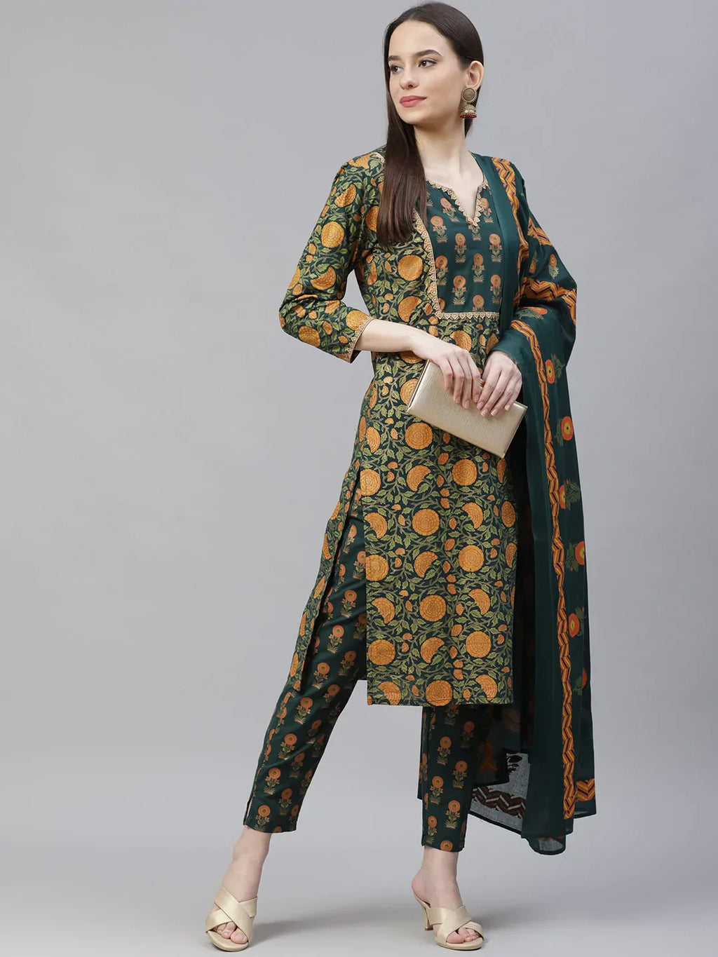 Jompers Women's Green Ethnic Motifs Printed Pure Cotton Kurta with Trousers & Dupatta