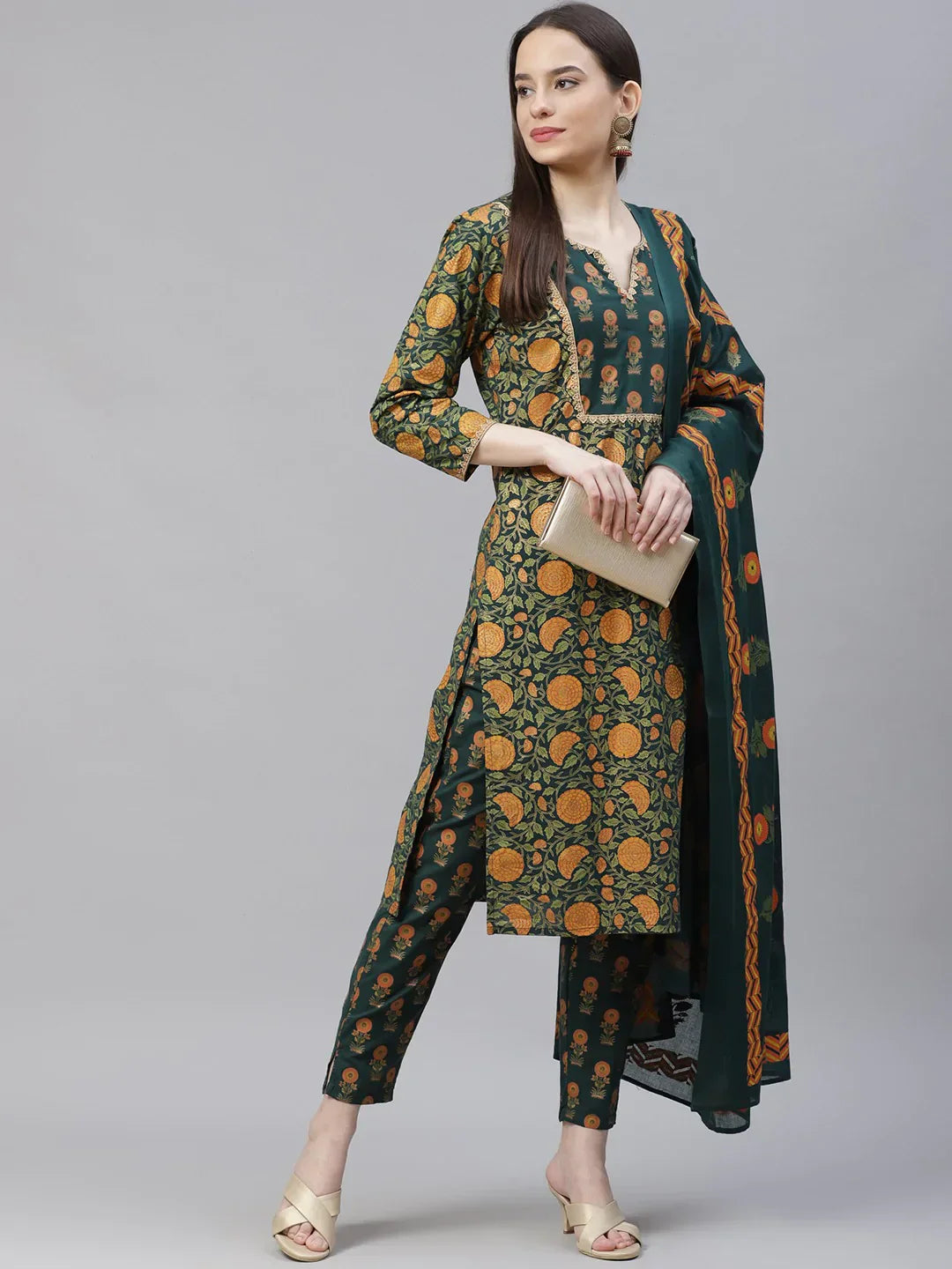 Jompers Women's Green Ethnic Motifs Printed Pure Cotton Kurta with Trousers & Dupatta