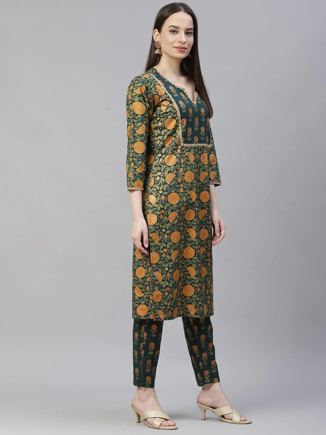 Jompers Women's Green Ethnic Motifs Printed Pure Cotton Kurta with Trousers & Dupatta