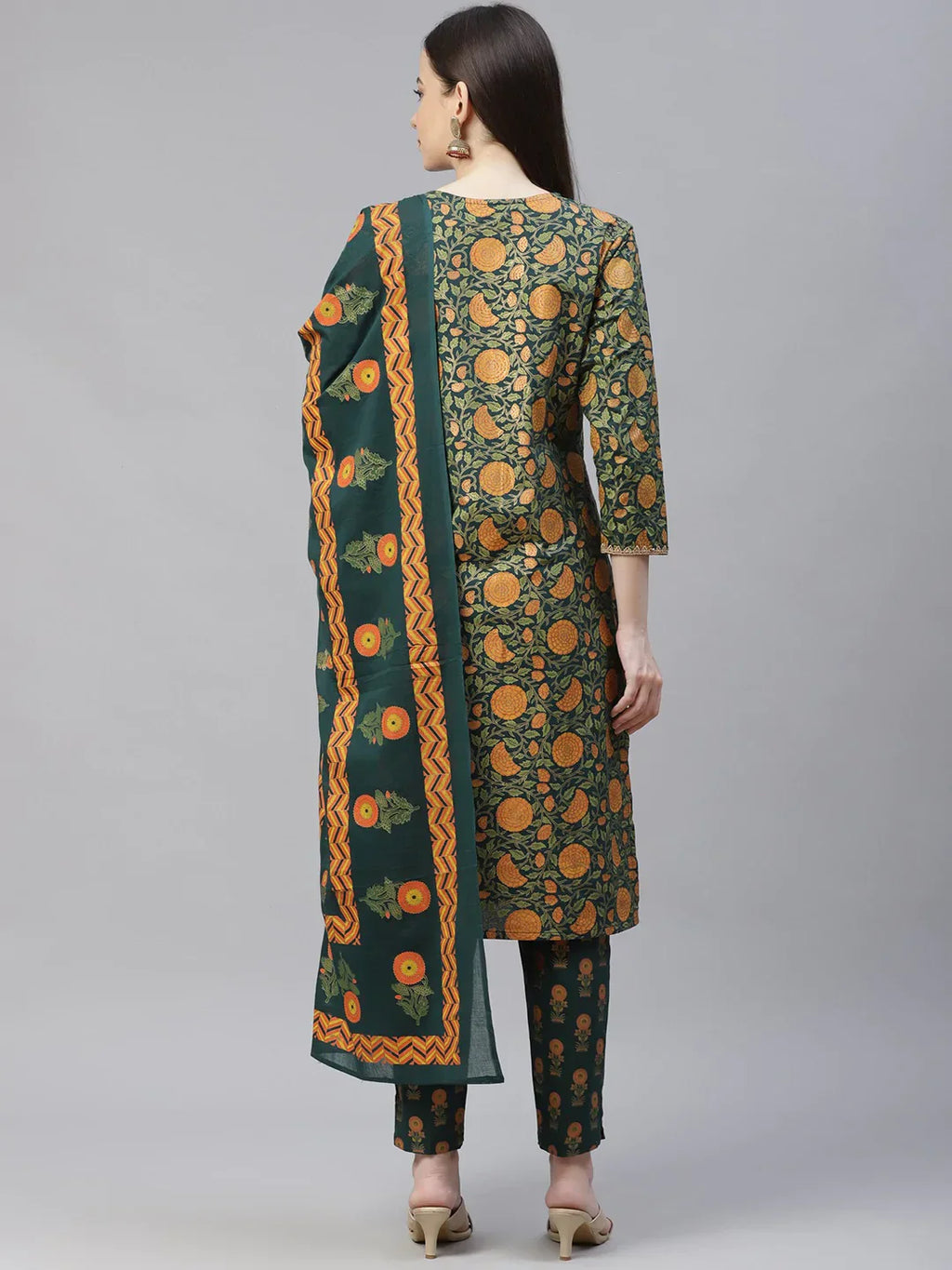 Jompers Women's Green Ethnic Motifs Printed Pure Cotton Kurta with Trousers & Dupatta