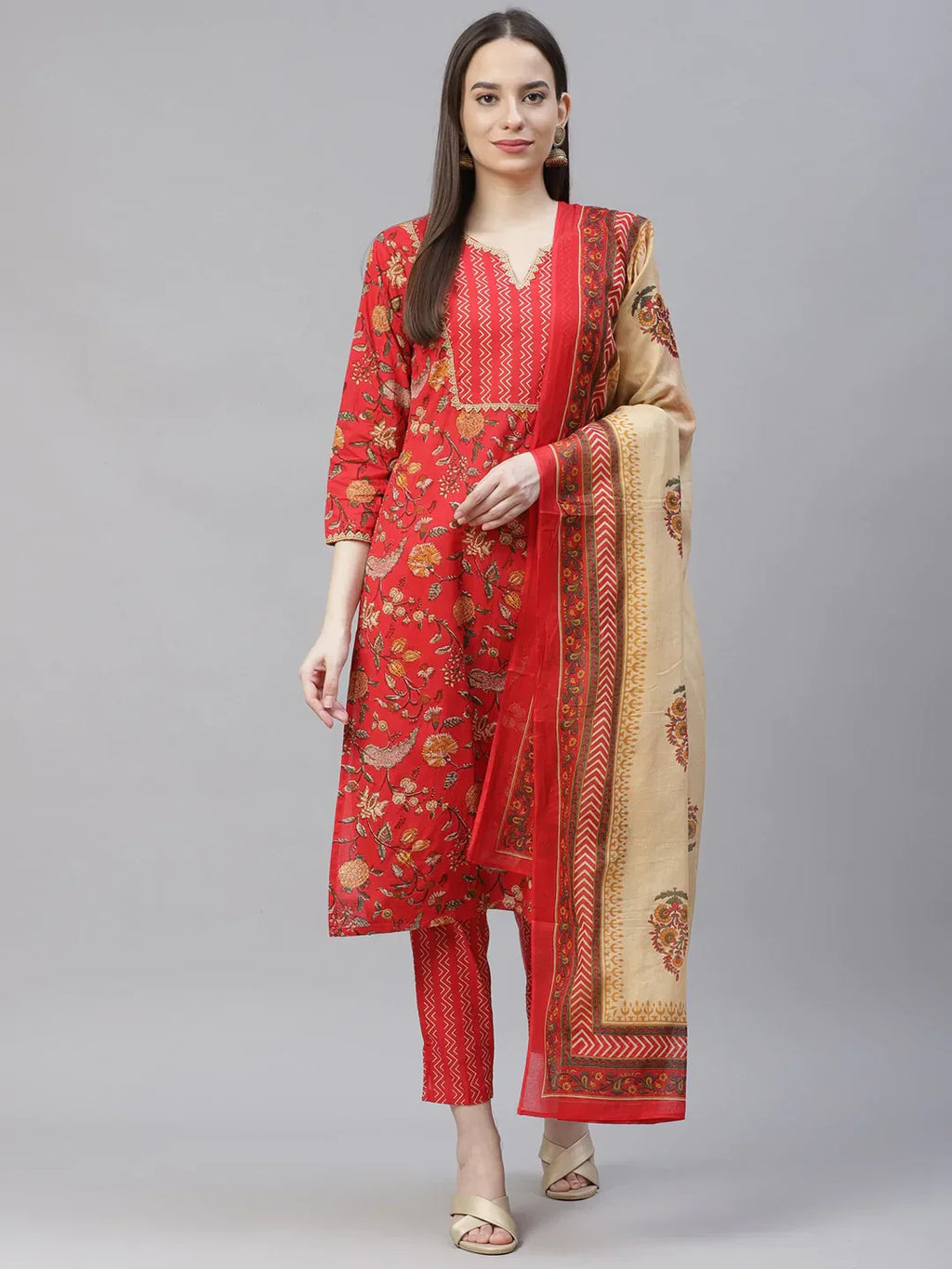 Jompers Women's Red Ethnic Motifs Printed Regular Pure Cotton Kurta with Trousers & Dupatta