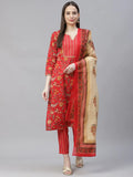 Jompers Women's Red Ethnic Motifs Printed Regular Pure Cotton Kurta with Trousers & Dupatta