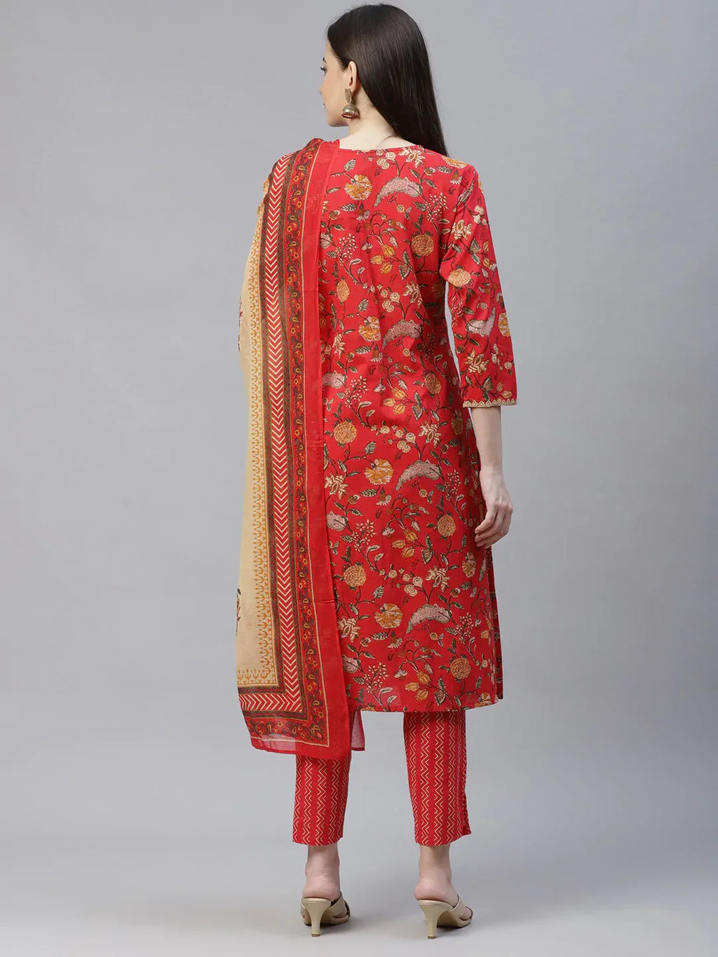 Jompers Women's Red Ethnic Motifs Printed Regular Pure Cotton Kurta with Trousers & Dupatta