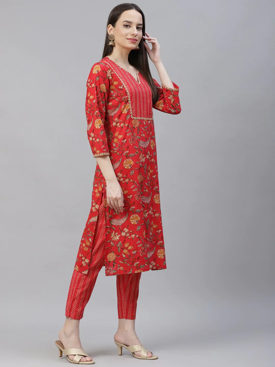 Jompers Women's Red Ethnic Motifs Printed Regular Pure Cotton Kurta with Trousers & Dupatta
