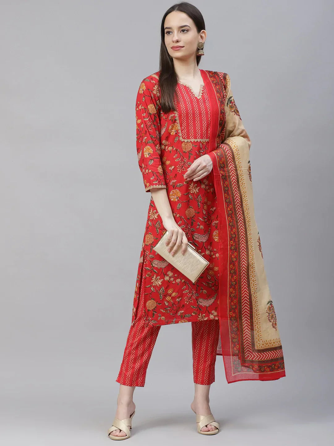 Jompers Women's Red Ethnic Motifs Printed Regular Pure Cotton Kurta with Trousers & Dupatta