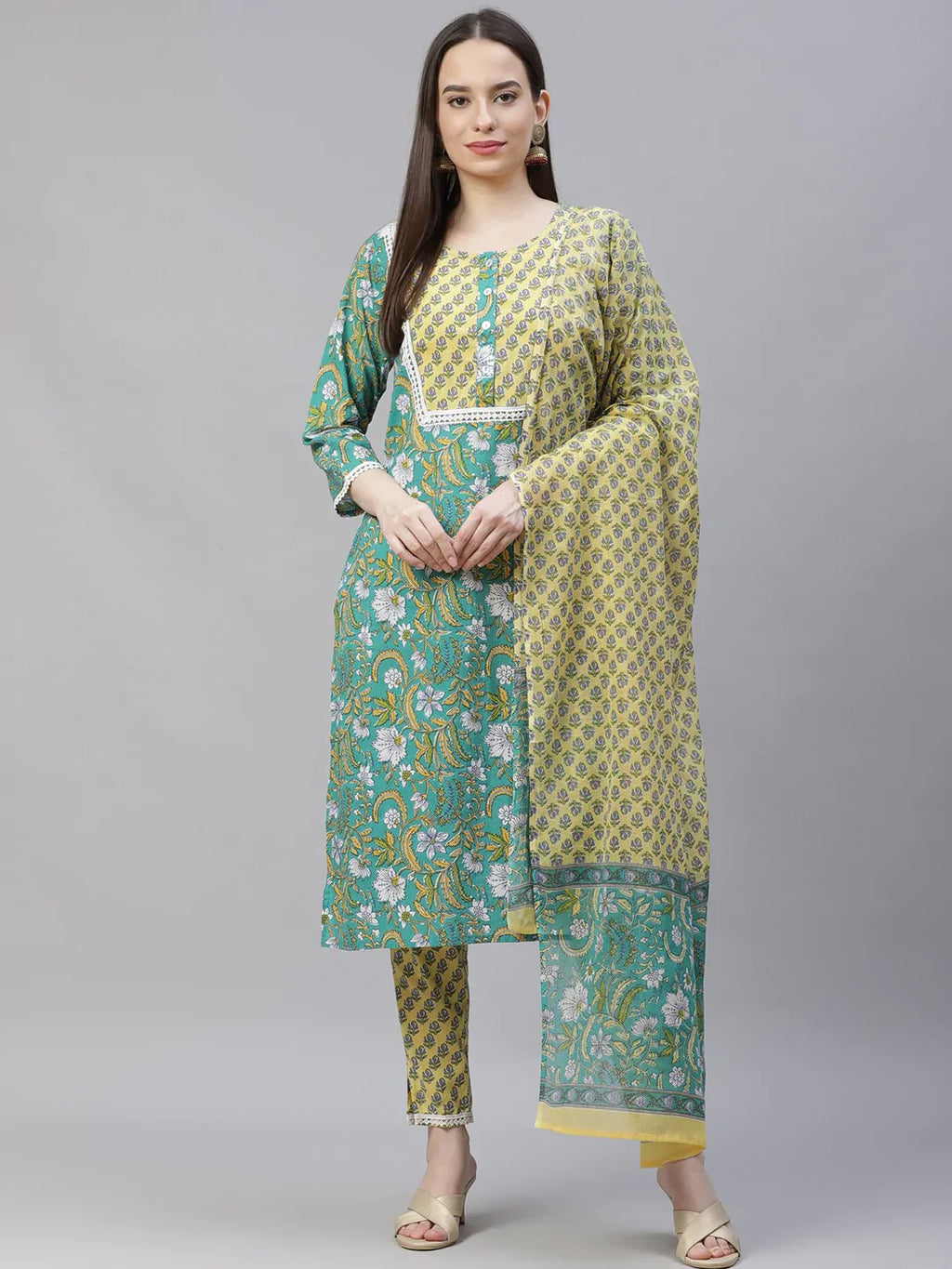 Jompers Women's Green Ethnic Motifs Printed Pure Cotton Kurta with Trousers & Dupatta
