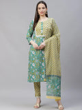 Jompers Women's Green Ethnic Motifs Printed Pure Cotton Kurta with Trousers & Dupatta