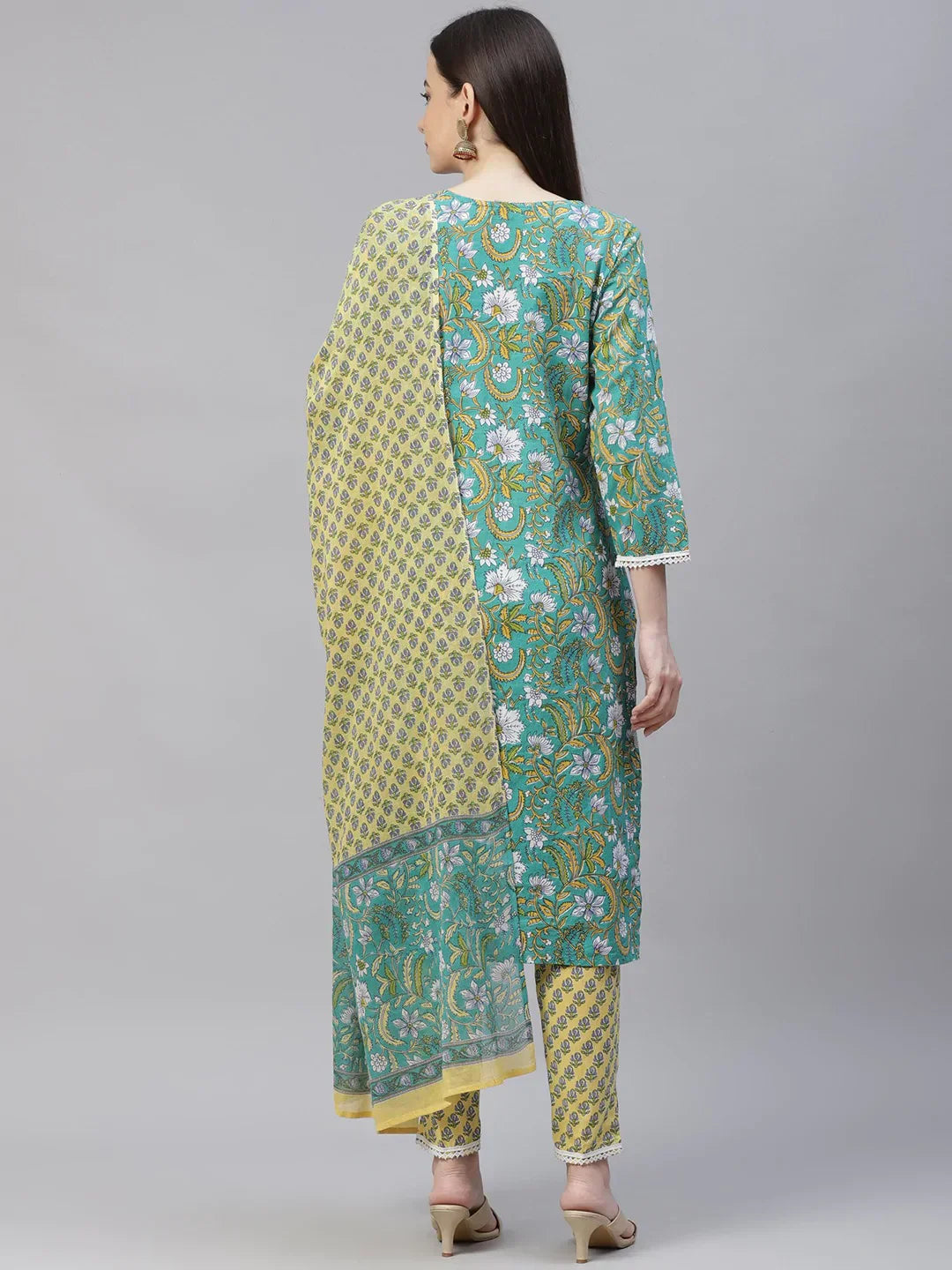 Jompers Women's Green Ethnic Motifs Printed Pure Cotton Kurta with Trousers & Dupatta