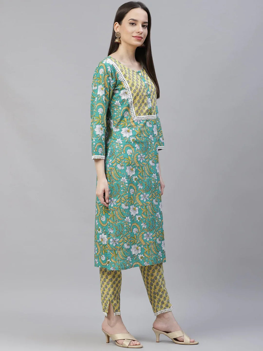 Jompers Women's Green Ethnic Motifs Printed Pure Cotton Kurta with Trousers & Dupatta
