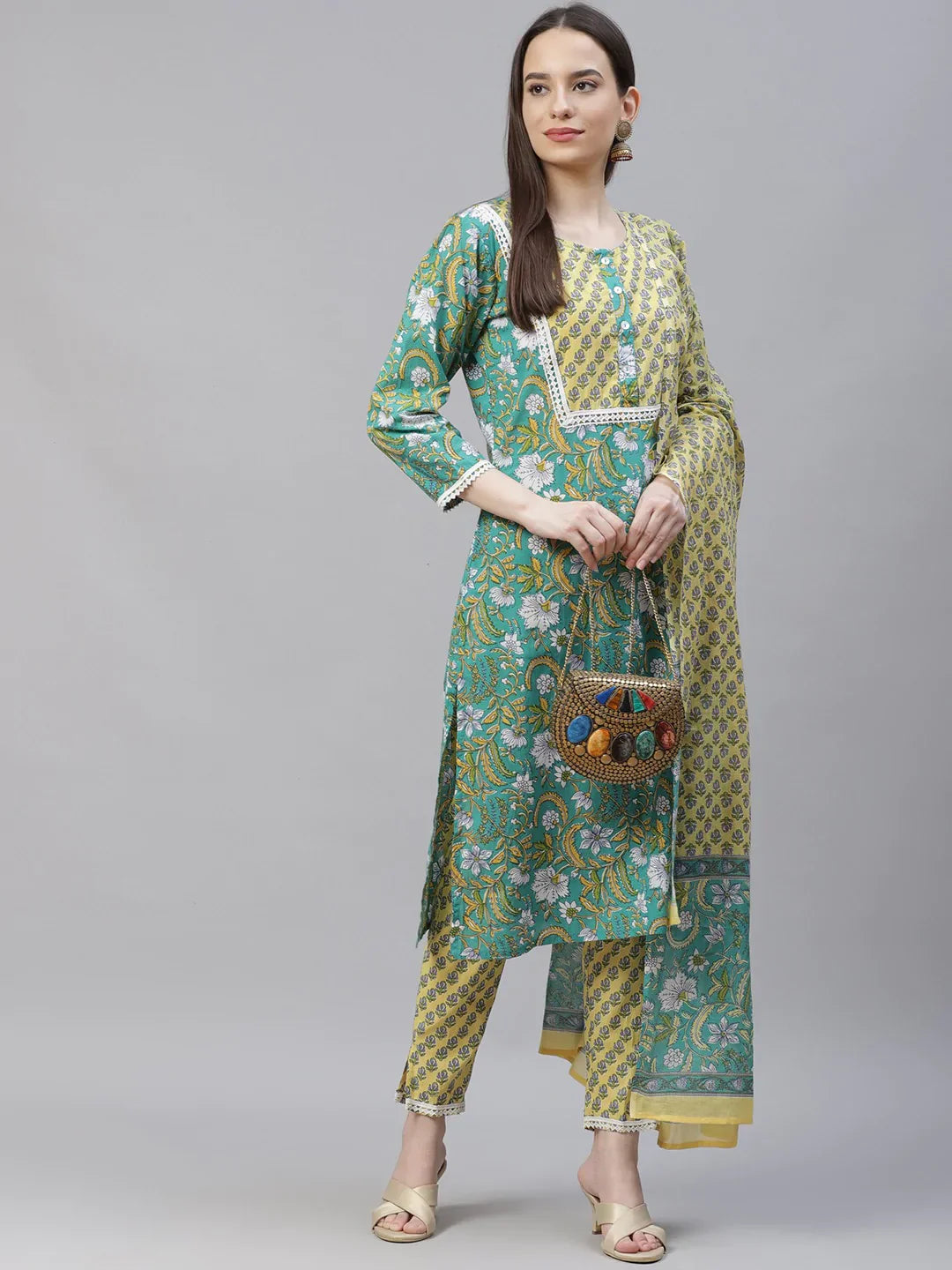 Jompers Women's Green Ethnic Motifs Printed Pure Cotton Kurta with Trousers & Dupatta