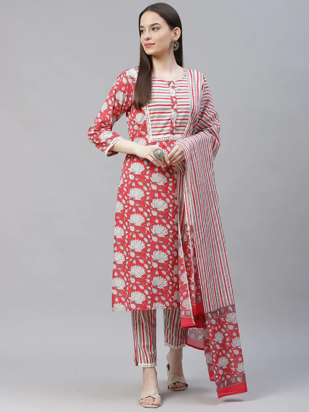 Jompers Women's Red & Off-White Ethnic Motifs Printed Kurta with Trousers & Dupatta