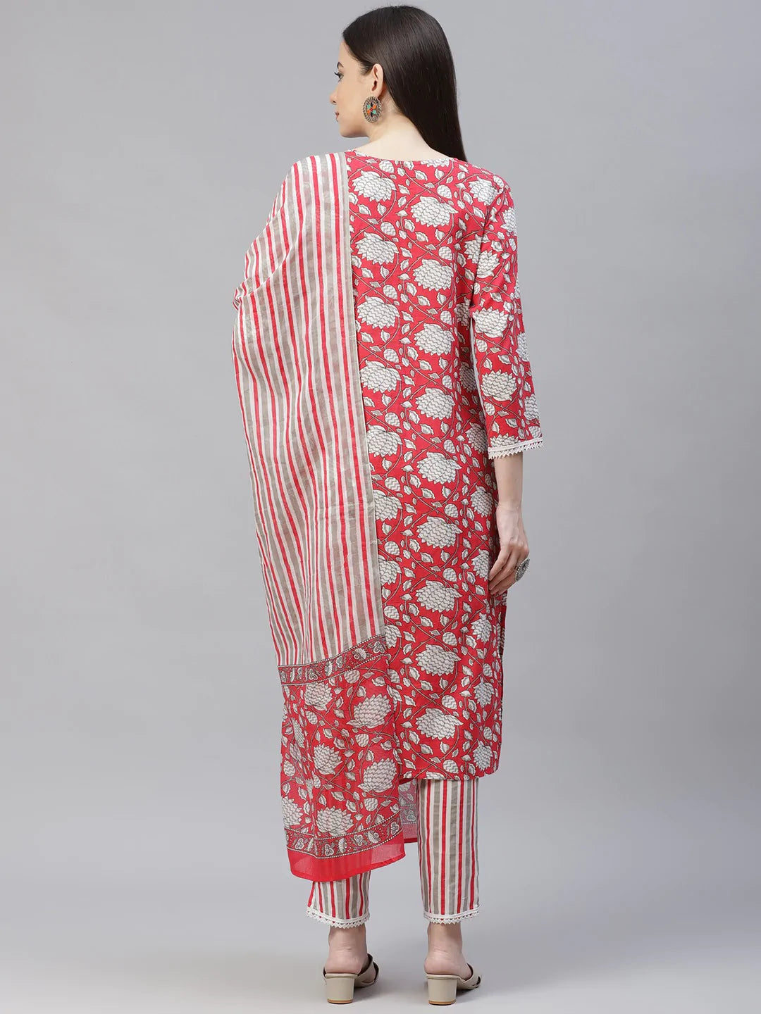 Jompers Women's Red & Off-White Ethnic Motifs Printed Kurta with Trousers & Dupatta
