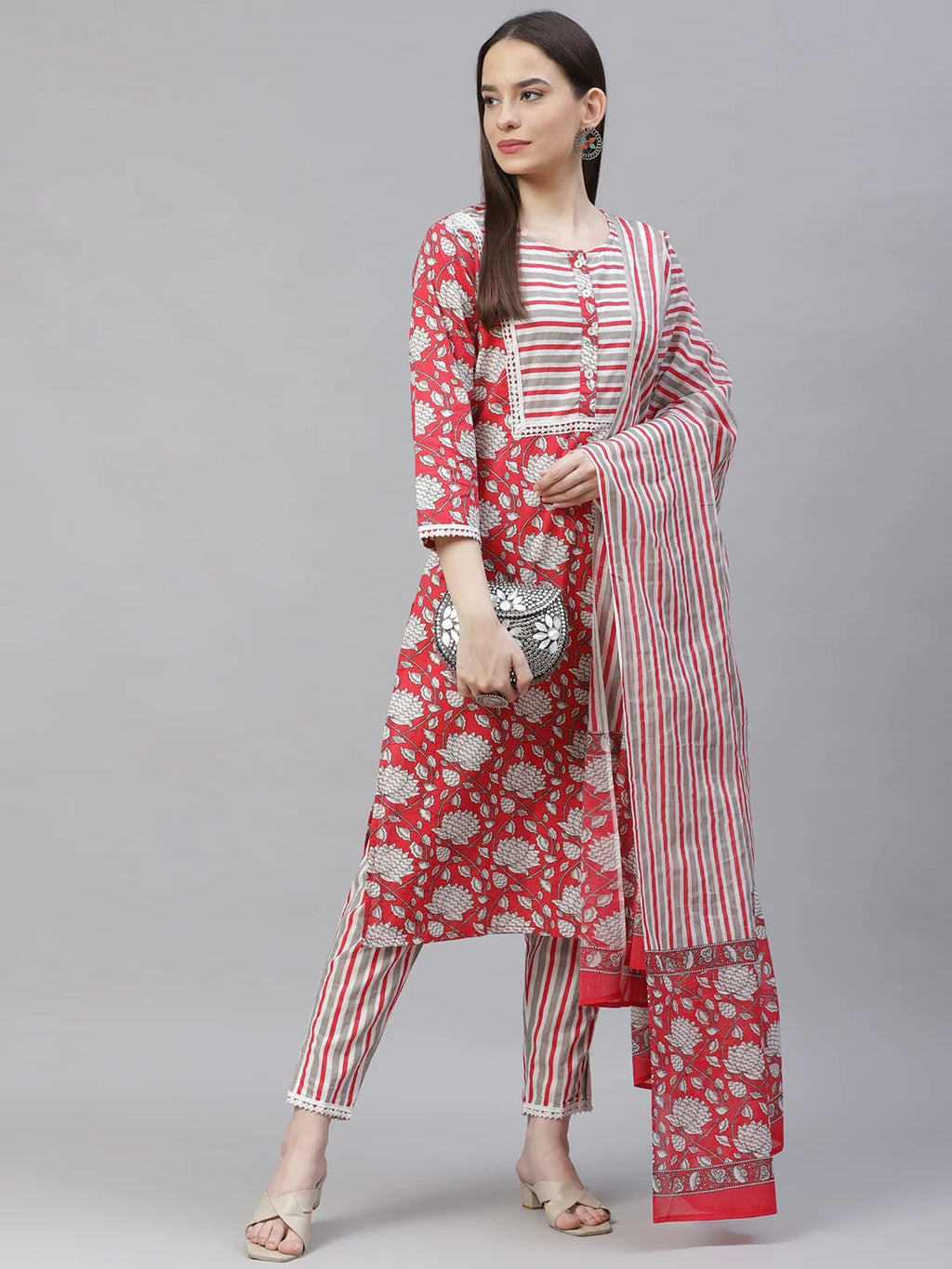 Jompers Women's Red & Off-White Ethnic Motifs Printed Kurta with Trousers & Dupatta