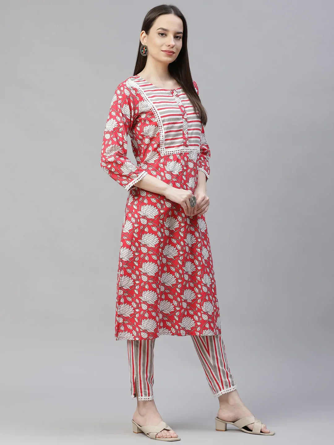 Jompers Women's Red & Off-White Ethnic Motifs Printed Kurta with Trousers & Dupatta