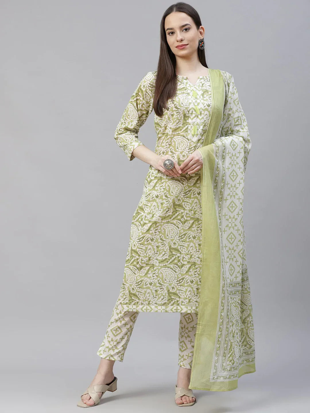 Jompers Women's Green Ethnic Motifs Printed Pure Cotton Kurta with Trousers & Dupatta