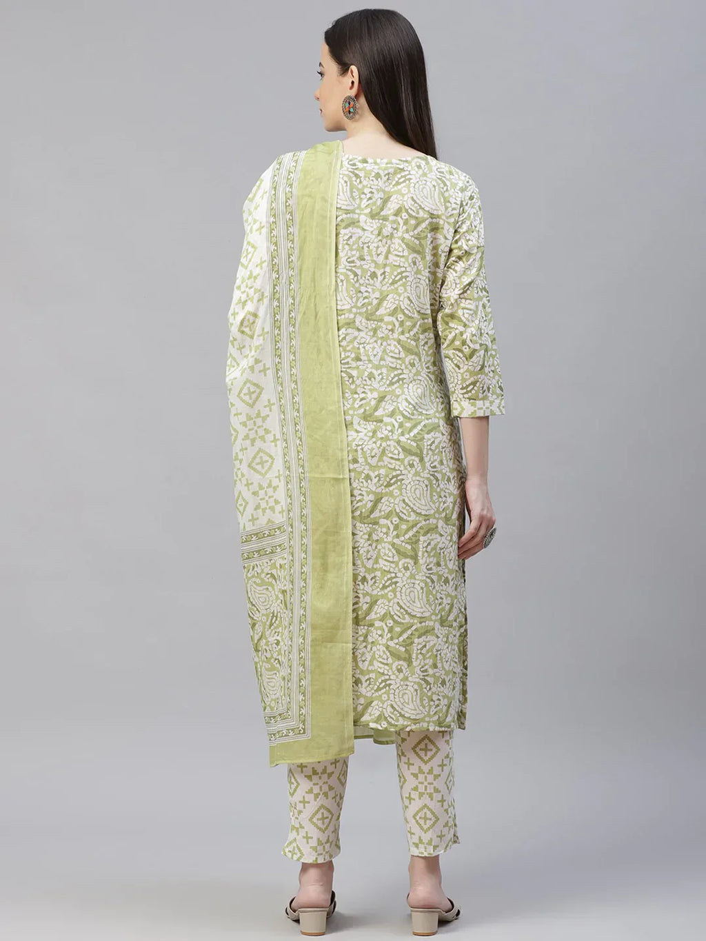 Jompers Women's Green Ethnic Motifs Printed Pure Cotton Kurta with Trousers & Dupatta