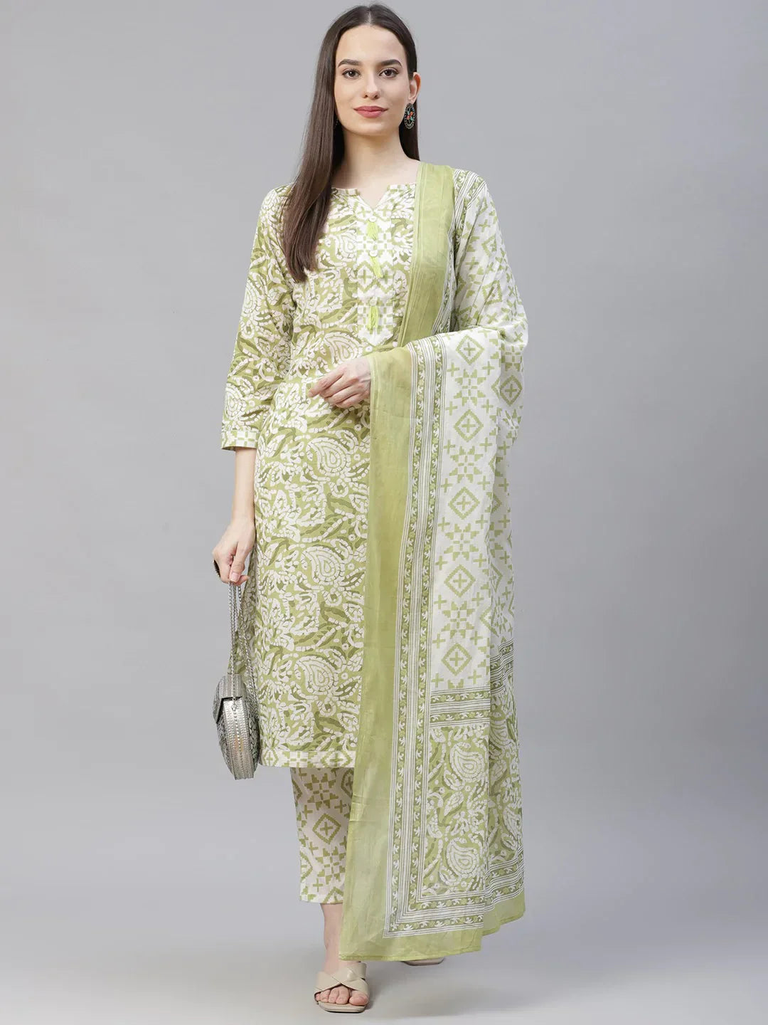 Jompers Women's Green Ethnic Motifs Printed Pure Cotton Kurta with Trousers & Dupatta